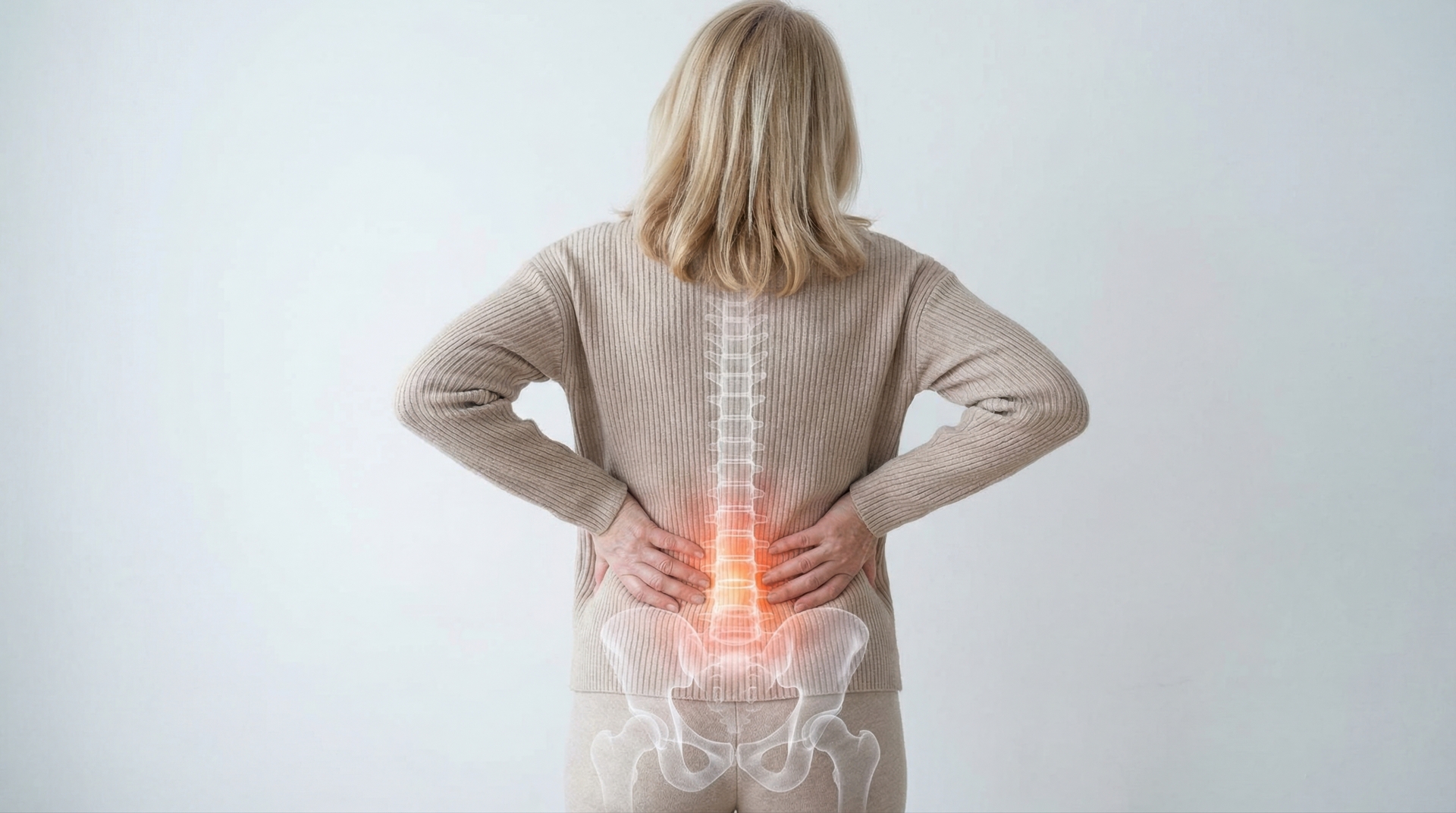 A woman holds her lower back, indicating pain. Her spine is highlighted with red to show inflammation or discomfort.